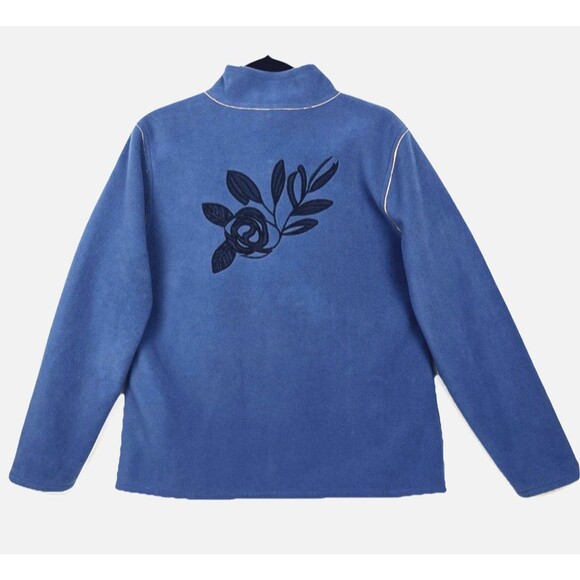 VTG Susan Graver Blue Fleece Jacket Women’s SZ M Black Floral Embroidery Zip - Picture 4 of 11